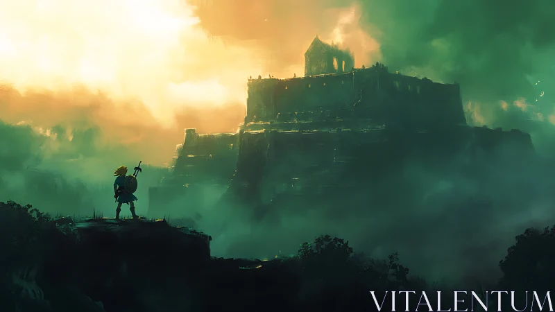 Lone dawnward hero surveying a mist-drowned citadel.