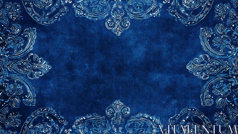 Symmetrical blue textile background with ornate border pattern.