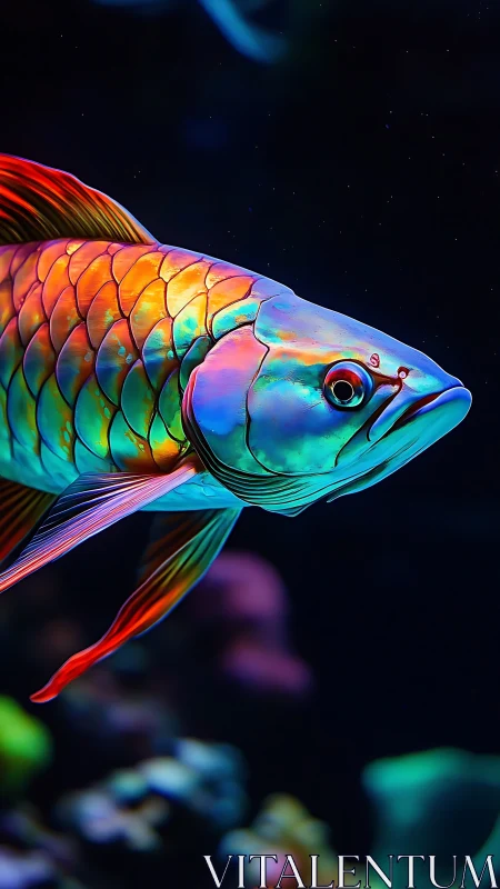 Neon arowana fish glows with prismatic metallic scales.