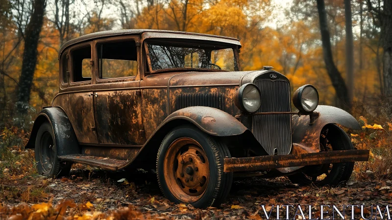 Rusting vintage sedan rests in an autumn woodland setting