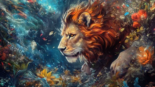 Mythic lion portrait in luminous floral and aquatic nebula