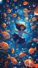 Girl underwater among vivid goldfish in deep blue scene.