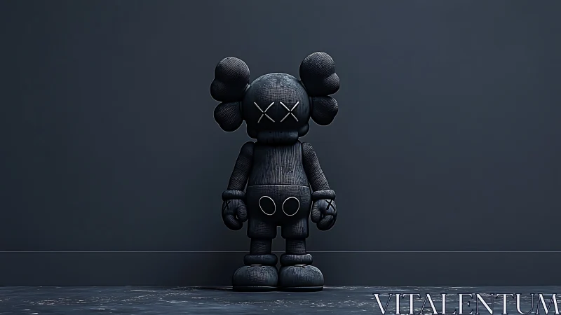 Monochrome vinyl toy figure in minimal dark gallery setting.