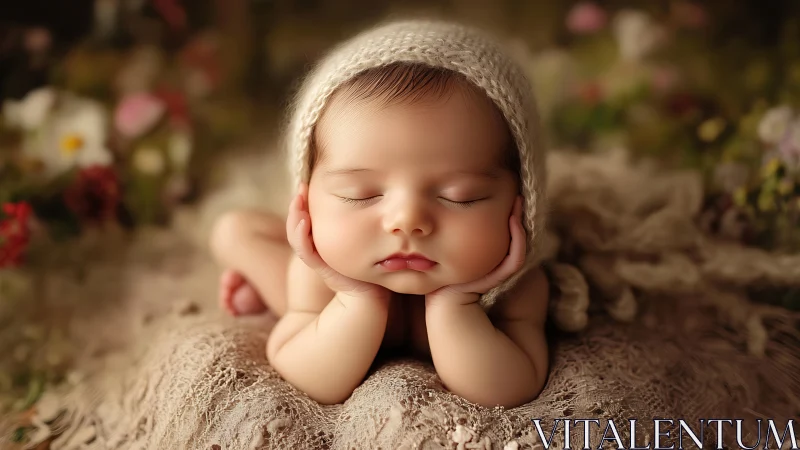 Sleeping Newborn in Cream Bonnet Posed on Textured Ground