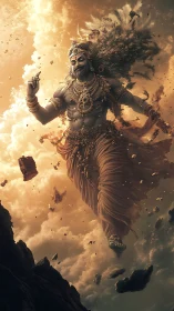 Mythic celestial warrior in midair stride amid shattered cliffs