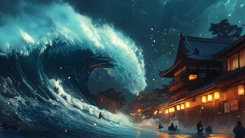 Giant luminous wave crashes beside lantern-lit Japanese street.