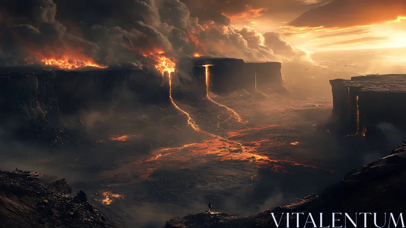 Volcanic canyon with molten lava rivers at sunset.