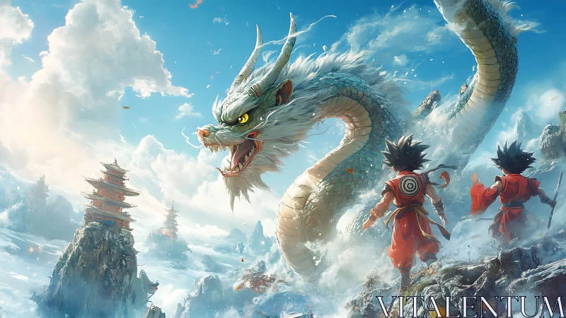 Mythic sky dragon confronts twin warriors in alpine cloudscape