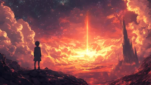 Boy watching fiery sky beam over distant dark citadel.