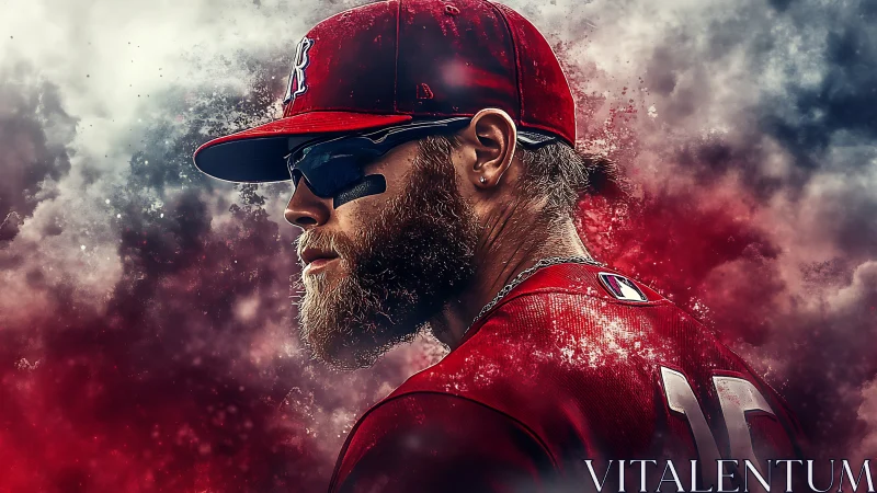 Intense baseball portrait amid red and smoky energy field.