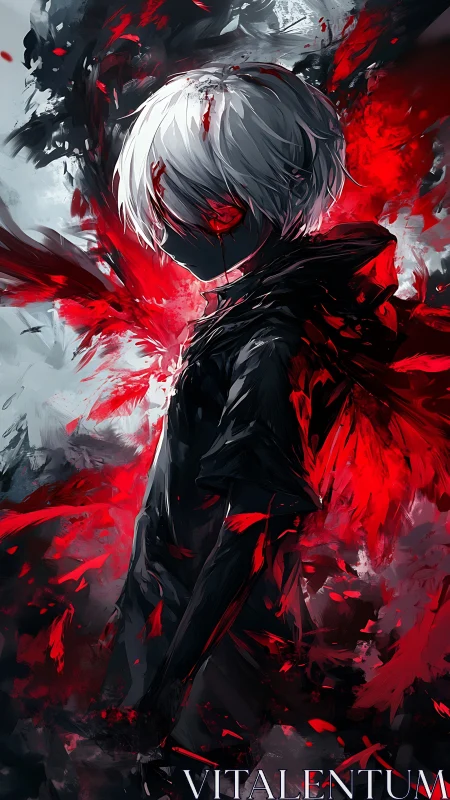 White haired antihero in blood red abstract storm.