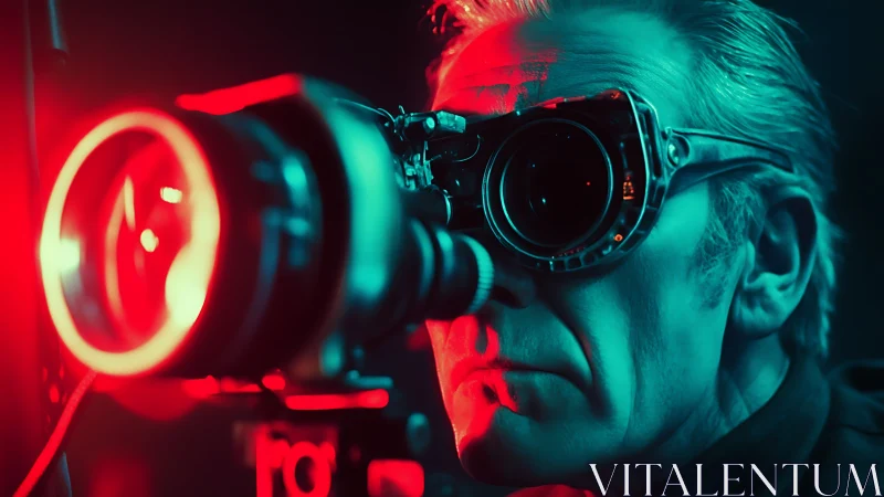 Older man in tech goggles studying large glowing camera lens.