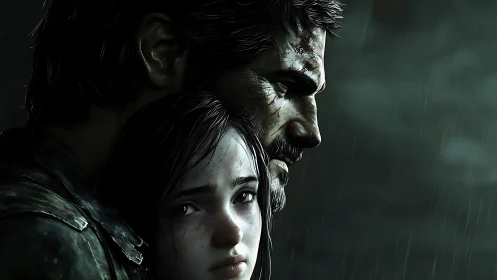 Wounded guardian shelters frightened girl in driving rain.