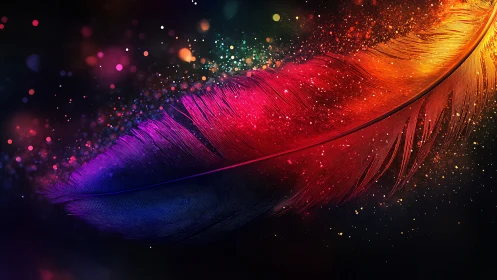 Prismatic feather drifting through luminous cosmic dust.