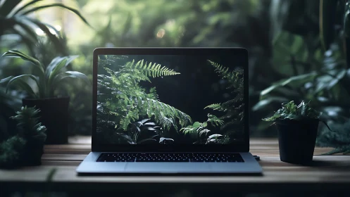 Laptop displays fern image while placed among green plants