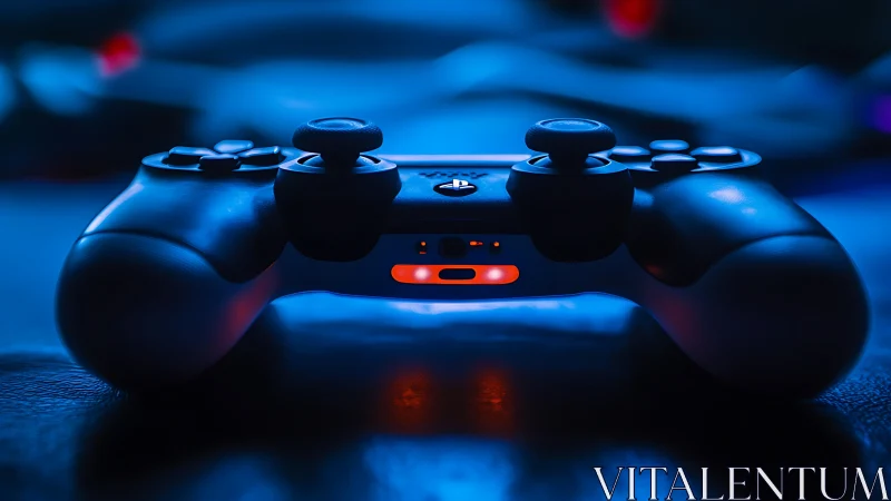 Gaming controller photographed in blue and red ambient lighting conditions