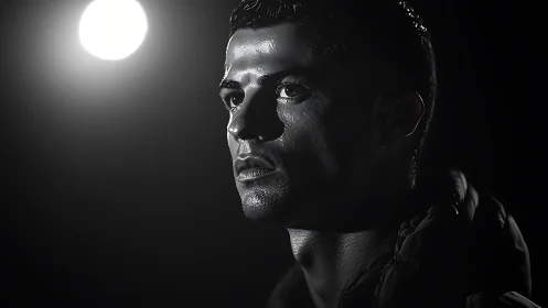 Moody black and white close-up of focused male athlete.