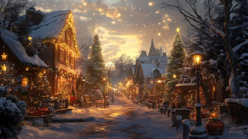 Digital painting of festive snow-covered Christmas village street.