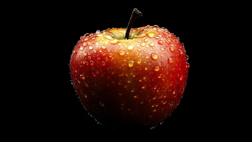 Red apple with dewdrops under dramatic studio lighting.