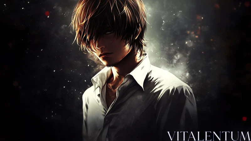 Male anime character stands in dramatic low key lighting