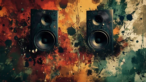 Color-splashed stereo speakers turning music into paint.