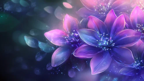 Digital flowers with neon gradients rendered in layered translucency.