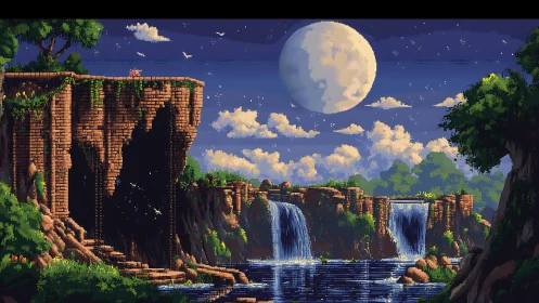 Pixel art canyon waterfalls under a large full moon.