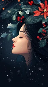 Winter profile portrait with festive holly crown and snow.