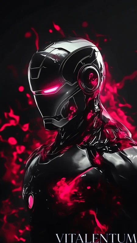 Armored humanoid robot glows with intense red plasma energy