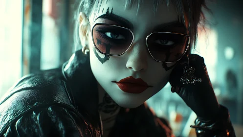 Edgy sunglasses rebel leans close with bold red lips and stare