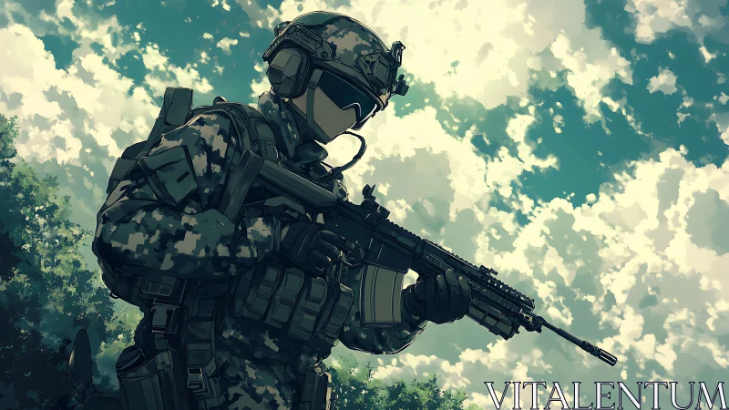 Calm soldier stands ready beneath a bright drifting sky