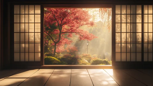 Sunlit shoji framing a ruby maple’s quiet morning glow.