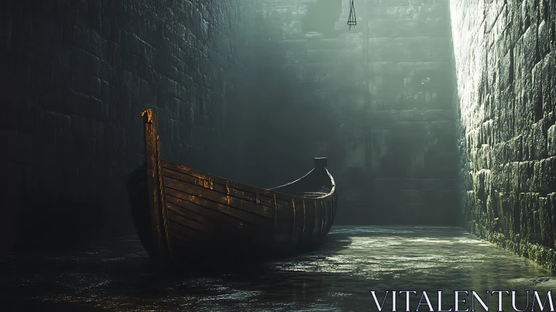 Ancient wooden boat waits in a misty stone chamber of light