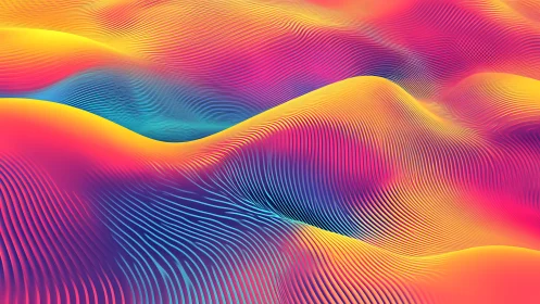 Neon ripple dunes in a chromatic desert of flowing light.