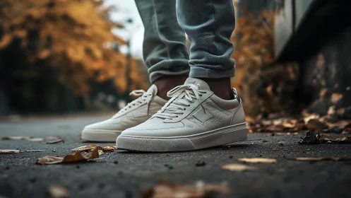 Minimalist white sneakers step through an urban autumn street.