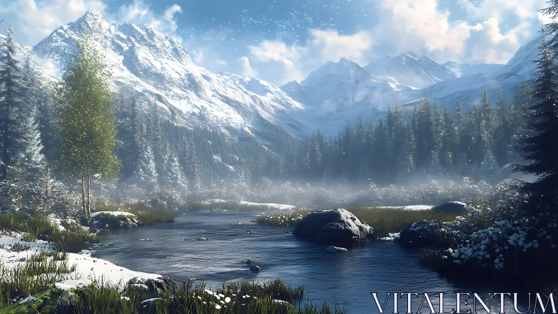 Snow-covered alpine river valley with conifer forest panorama.