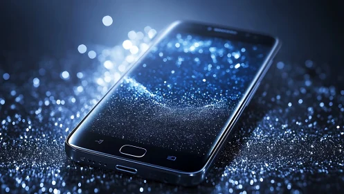 Starlit smartphone quietly cradles a swirling digital galaxy