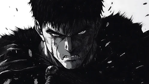 High contrast ink illustration of battle worn stoic warrior