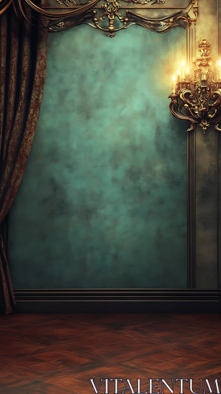 Vintage teal wall with ornate sconce and parquet floor.
