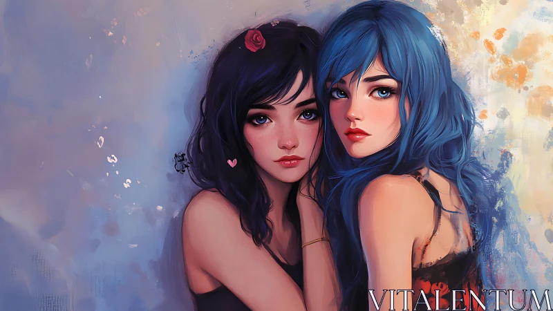 Tender blue-haired friends sharing a quiet, gentle moment.