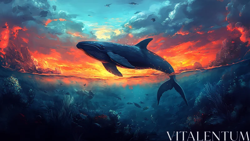 Whale crossing vivid sunset horizon above deep seafloor.
