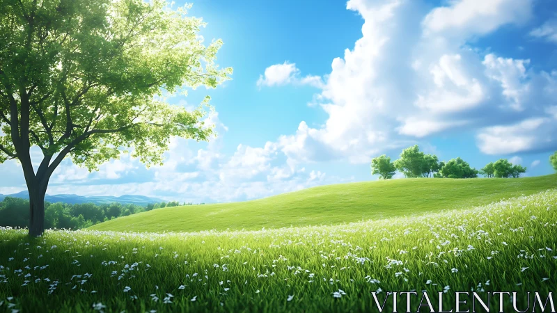 Sunlit tree on grassy hill with distant clouds and fields.