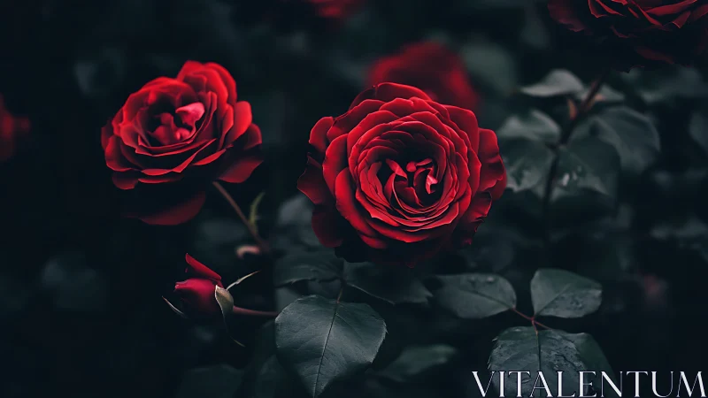 Red roses with dark foliage in low light conditions.