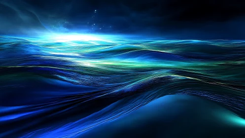 Luminous midnight waves rolling through a dreamlike sea.