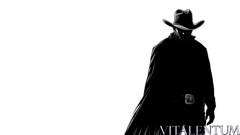 Shadowed cowboy drifter striding across a blank horizon.