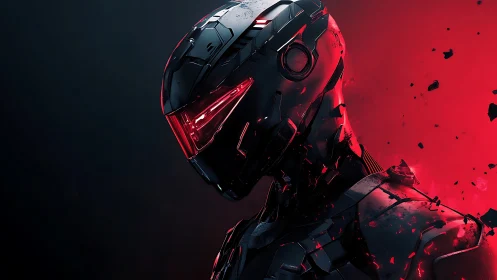 Red-illuminated combat exosuit helmet with fragmented armor plating