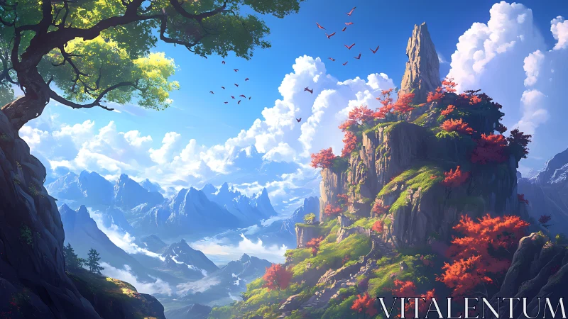 Skybound autumn spire above dream-drenched mountain seas.