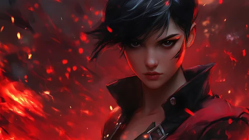 Digital portrait depicts short-haired figure amid red embers