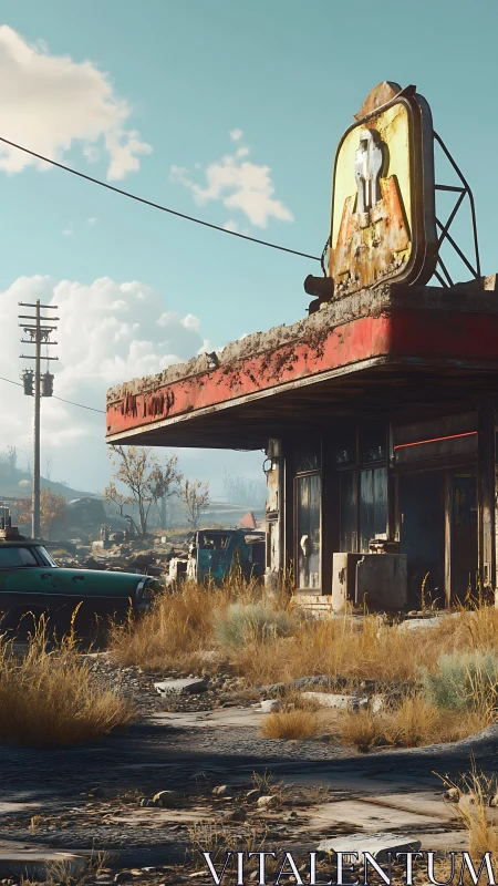 Sunlit abandoned diner with rusted sign in dry wasteland.