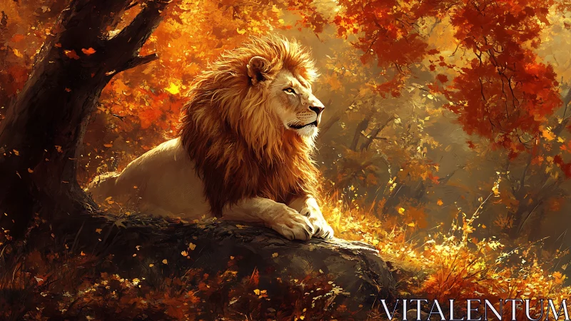 Regal lion reclining in radiant autumn forest light.